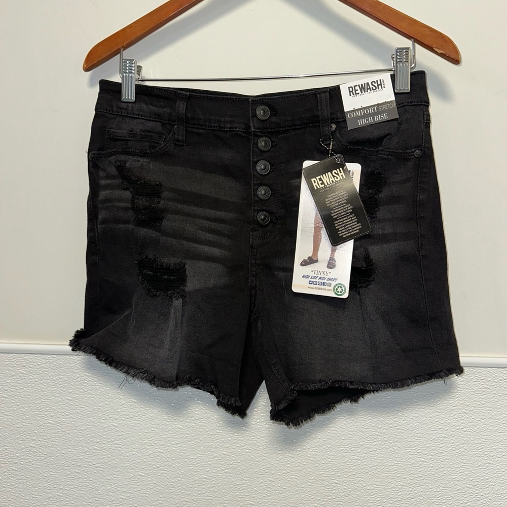 NWT!Women's Rewash Denim Shorts, 7/28,Black Distressed Midi Comfort Stretch High